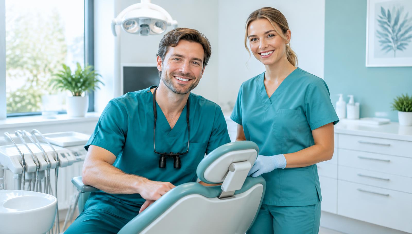 Dentist and hygienist in a bright modern dental office